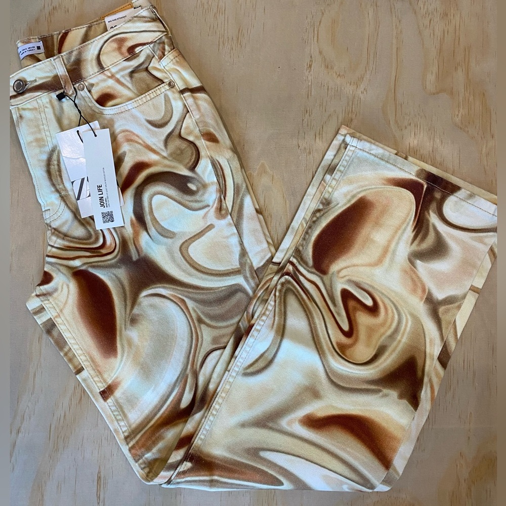 Zara Swirl Print High-Rise Jeans in Cream and Brown